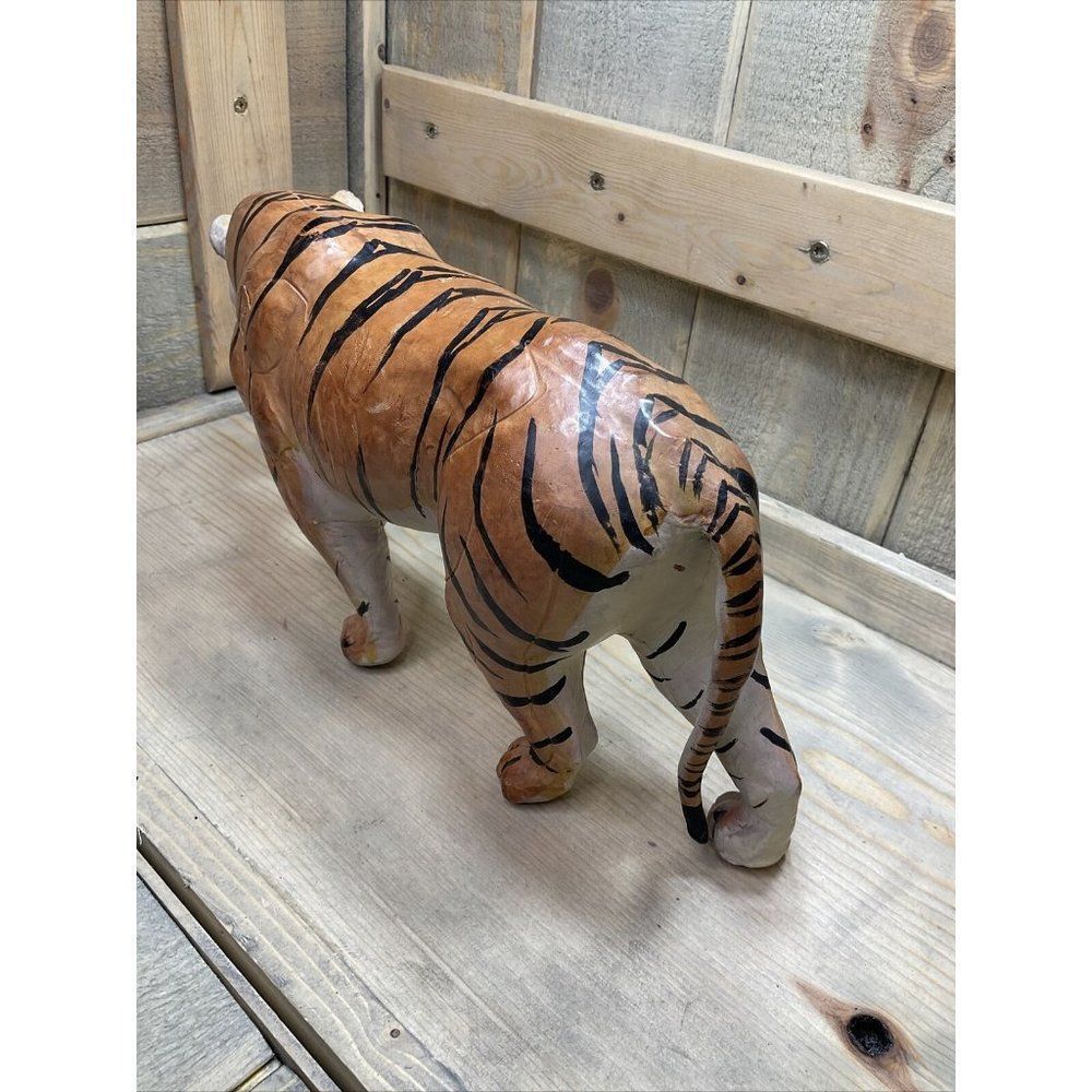 VINTAGE Leather Wrapped Tiger Sculpture Glass Eyes Jungle Safari Figurine Rare - Picture 5 of 11